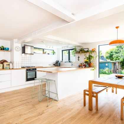 Kymarn Construction bright kitchen with orange pendant lights
